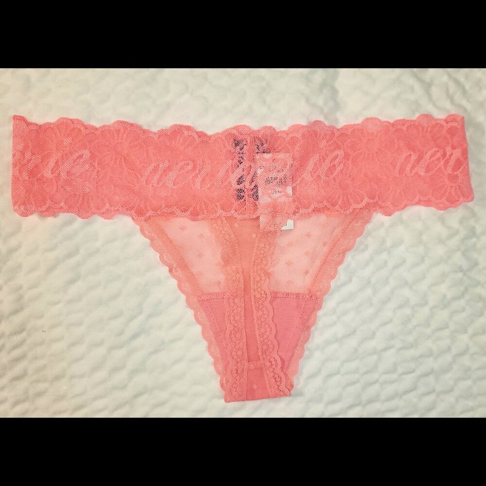 Women's NWT Aerie Pink Lace Thong Size M Coral Tanga New Sheer Panty - Picture 2 of 5